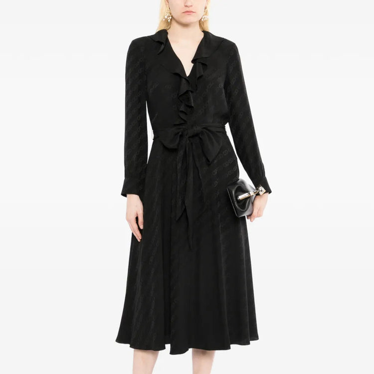 Celine Triomphe Jacquard Silk Wrap Midi Dress with intricate pattern and elegant silhouette, displayed on a hanger.