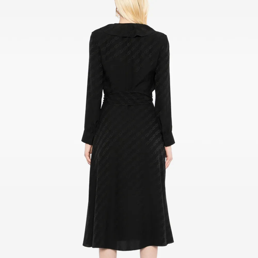 Celine black silk midi wrap dress with tonal Triomphe jacquard pattern, ruffled neckline, long sleeves and self-tie waist belt.