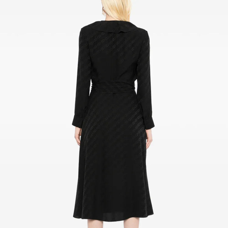 Celine black silk midi wrap dress with tonal Triomphe jacquard pattern, ruffled neckline, long sleeves and self-tie waist belt.