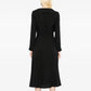 Celine black silk midi wrap dress with tonal Triomphe jacquard pattern, ruffled neckline, long sleeves and self-tie waist belt.