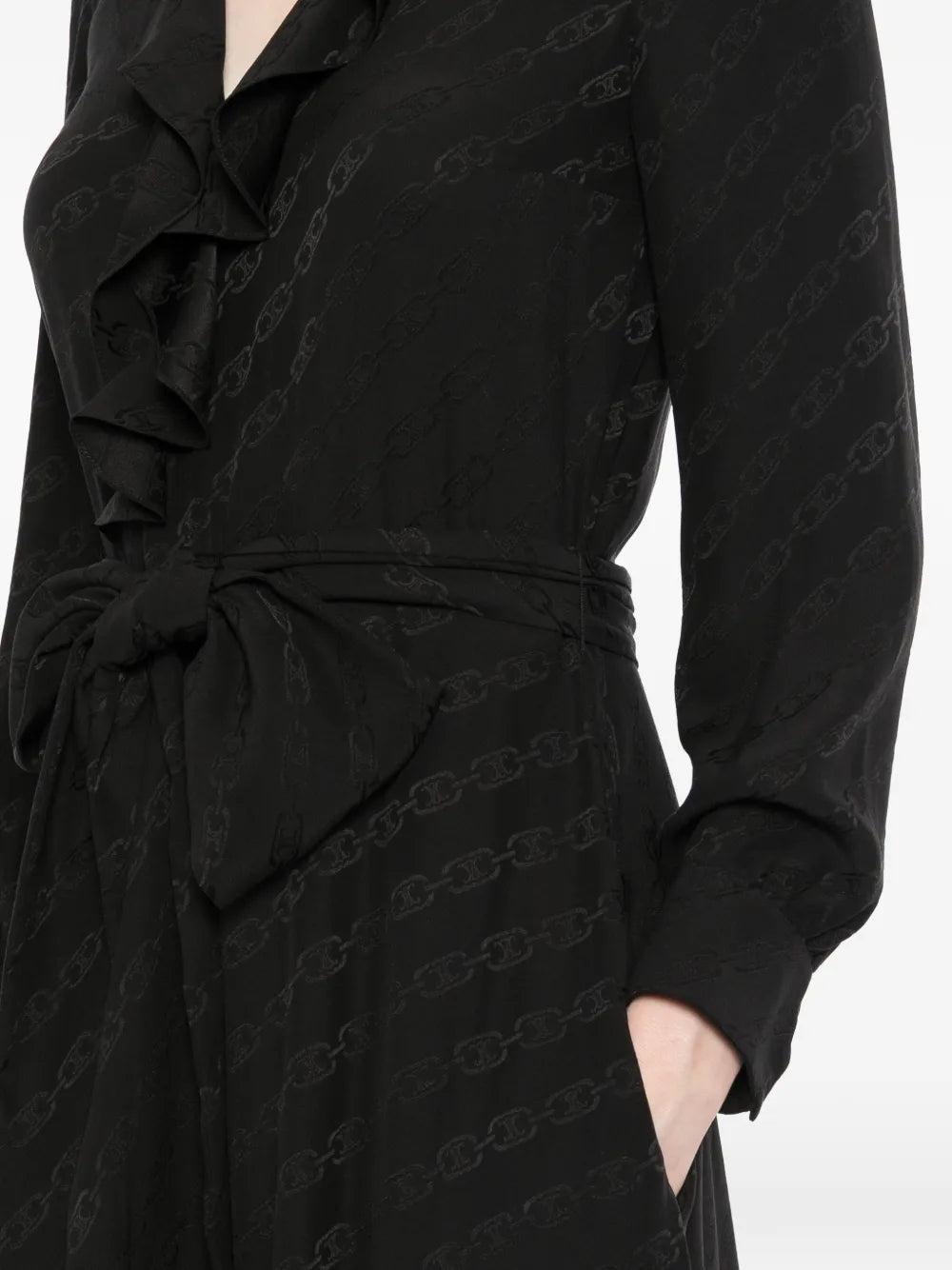 Celine Triomphe Jacquard Silk Wrap Midi Dress featuring intricate pattern and elegant design, perfect for sophisticated occasions.