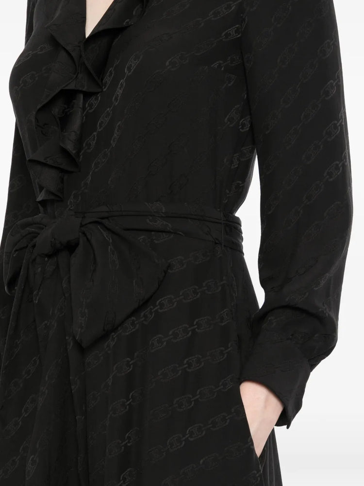 Celine Triomphe Jacquard Silk Wrap Midi Dress featuring intricate pattern and elegant design, perfect for sophisticated occasions.