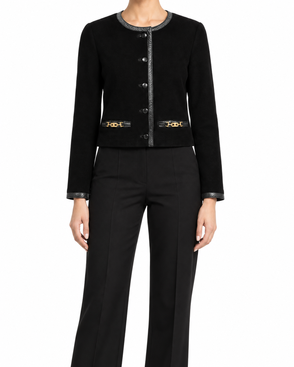 Celine suede cropped jacket with long sleeves and lapel collar, stylish blazer for women, in a soft tan color.
