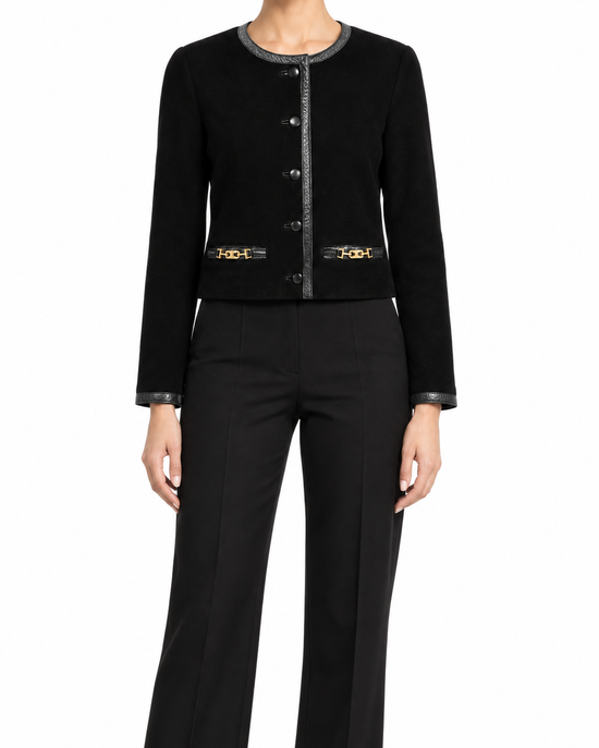 Celine suede cropped jacket with long sleeves and lapel collar, stylish blazer for women, in a soft tan color.