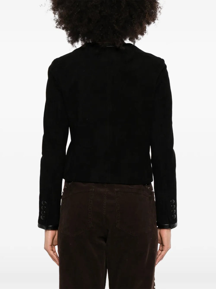 Celine suede cropped jacket featuring a tailored blazer style with a soft, textured suede finish and classic collar details.