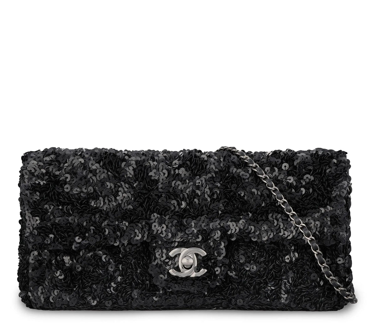 Chanel black sequin East West Flap Bag from 2014–15 with silver-tone CC hardware and leather-interwoven chain shoulder strap.