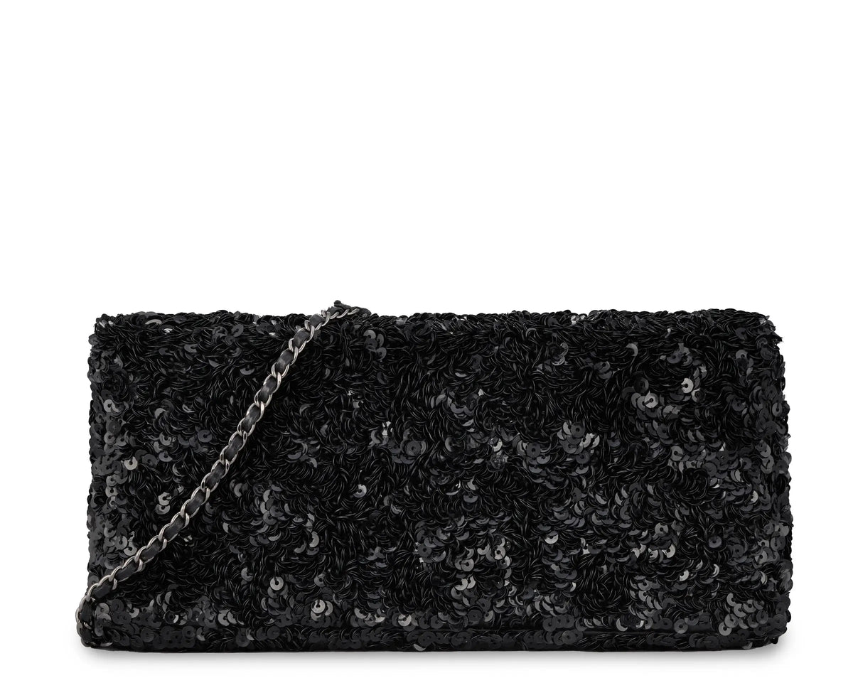 Chanel black sequin East West Flap Bag from 2014–15 with silver-tone CC hardware and leather-interwoven chain shoulder strap.