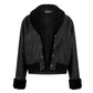Back view of a black leather shearling Chanel coat, showcasing the luxurious texture and stylish design.