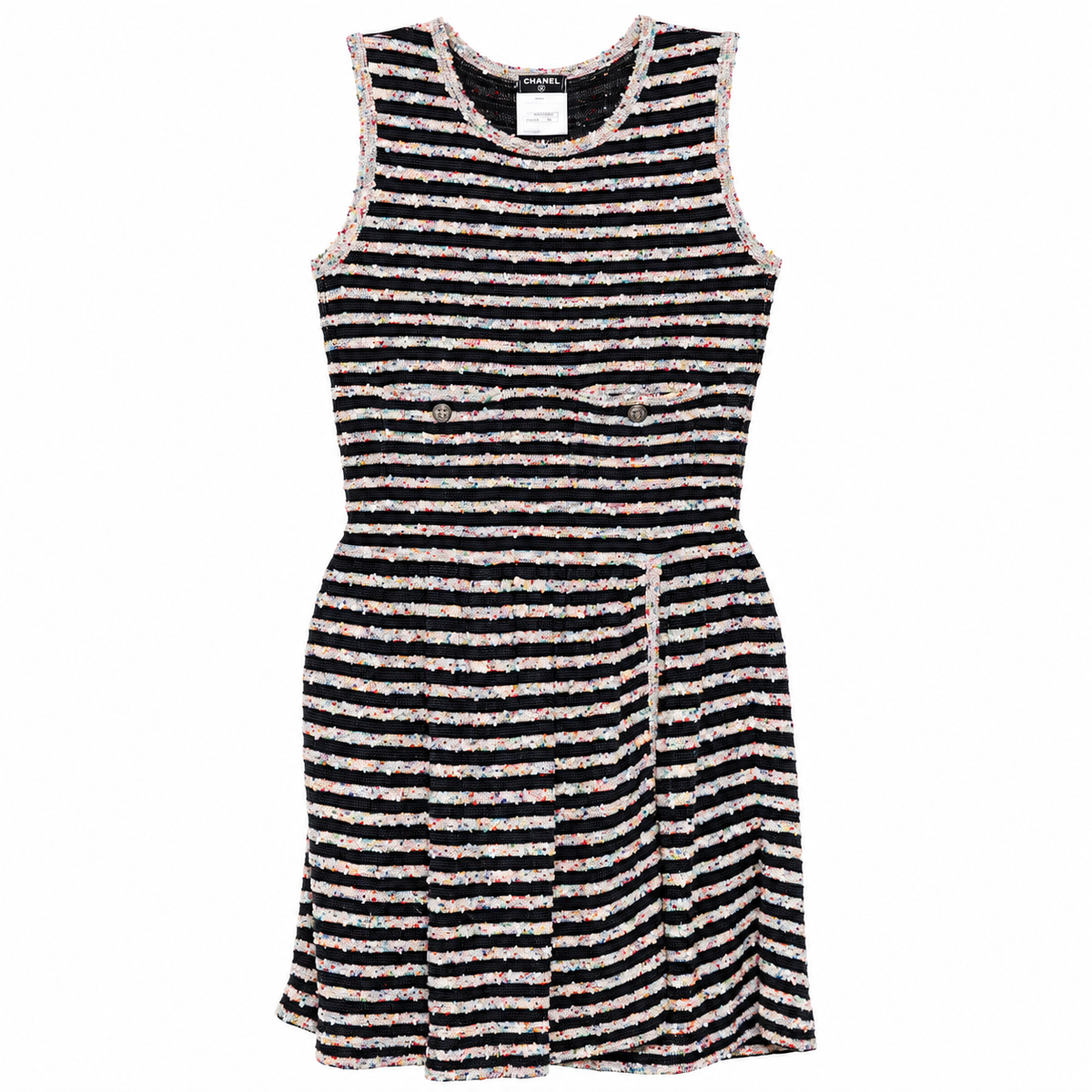 Chanel multicoloured sleeveless striped dress featuring flecked tweed fabric, perfect for stylish summer wear.
