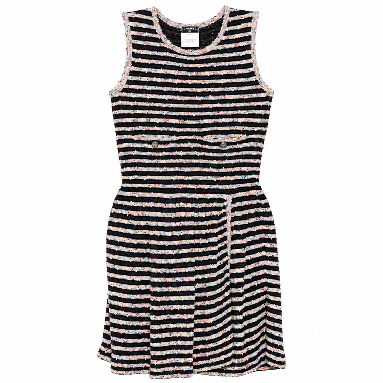 Chanel multicoloured sleeveless striped dress featuring flecked tweed fabric, perfect for stylish summer wear.