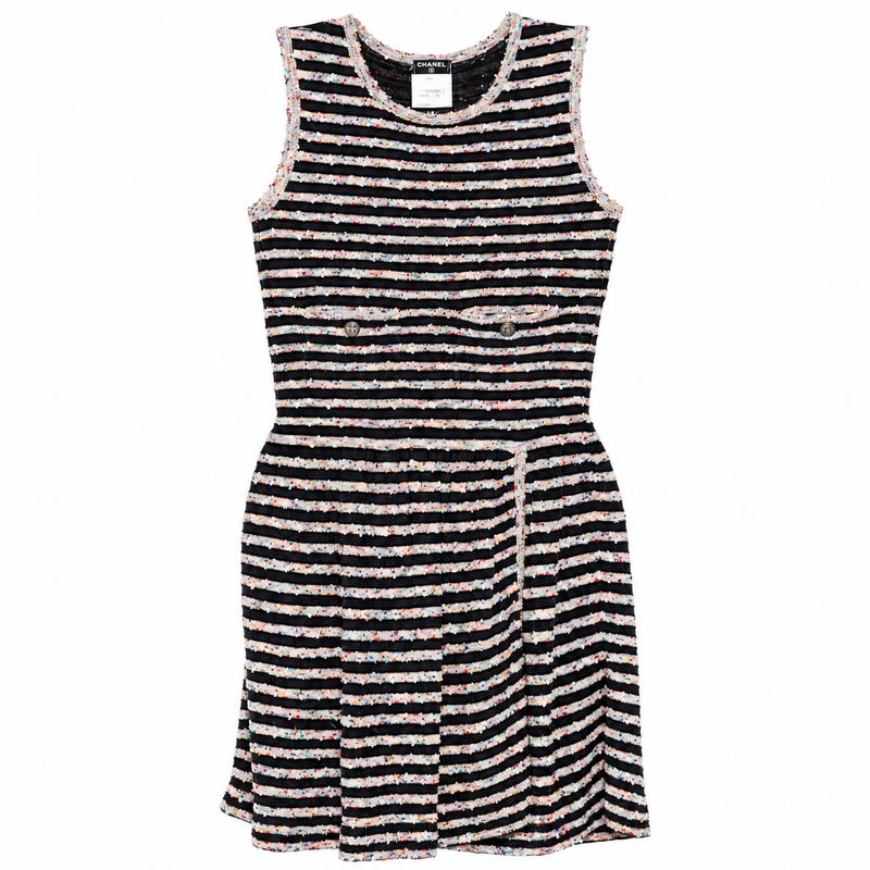 Chanel multicoloured sleeveless striped dress featuring flecked tweed fabric, perfect for stylish summer wear.