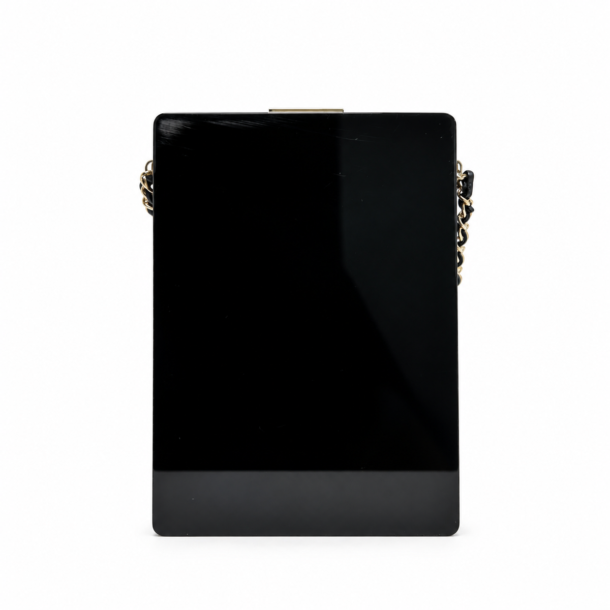 Chanel Pearl Playing Card Casino Minaudière Clutch in glossy black with pearl CC and heart motifs, portrait medallion, gold-tone hardware and chain strap.
