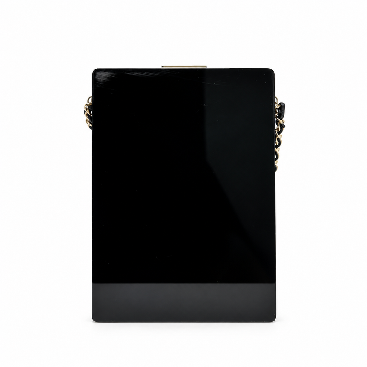 Chanel Pearl Playing Card Casino Minaudière Clutch in glossy black with pearl CC and heart motifs, portrait medallion, gold-tone hardware and chain strap.