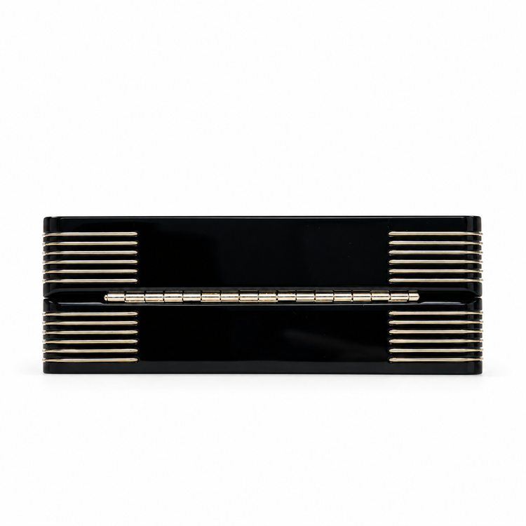 Chanel Pearl Playing Card Casino Minaudière Clutch in glossy black with pearl CC and heart motifs, portrait medallion, gold-tone hardware and chain strap.