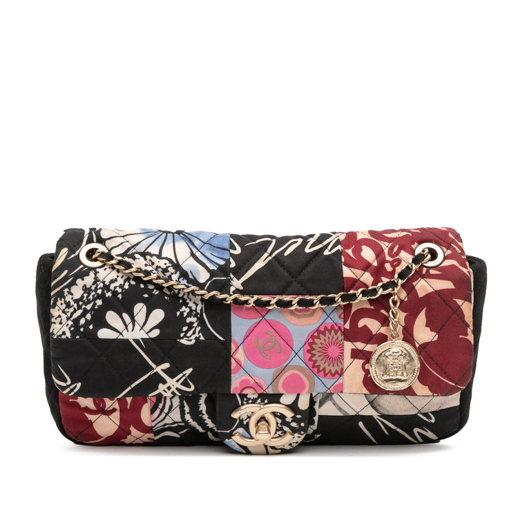 Chanel multicolour quilted patchwork Medium Flap Bag with printed textile panels, gold-tone chain strap, CC turn-lock closure and decorative medallion charm.