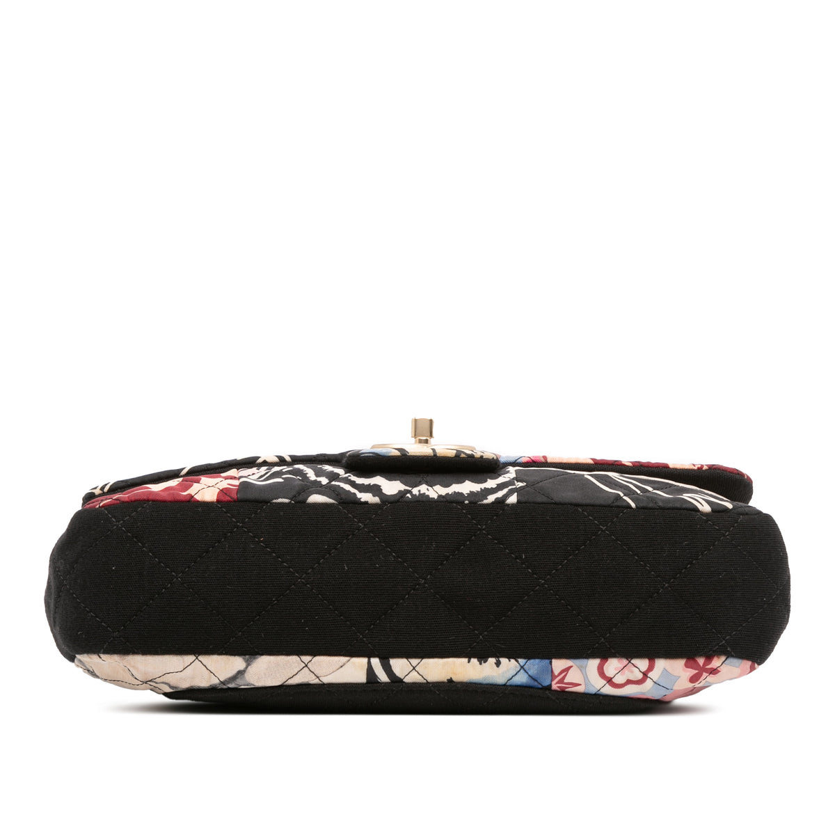 Chanel multicolour quilted patchwork Medium Flap Bag with printed textile panels, gold-tone chain strap, CC turn-lock closure and decorative medallion charm.