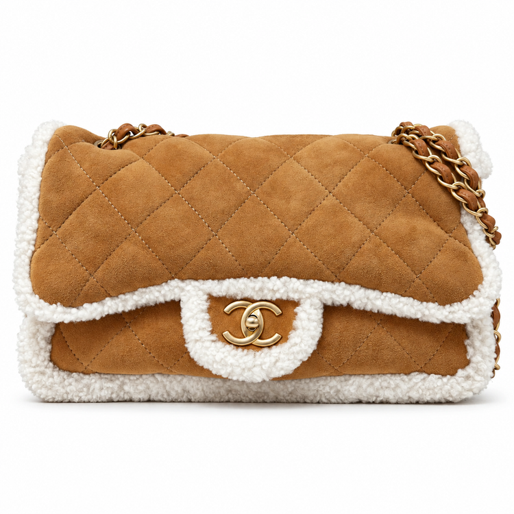 Chanel jumbo suede shearling quilted Coco Neige flap shoulder bag with quilted design and silver-tone hardware.