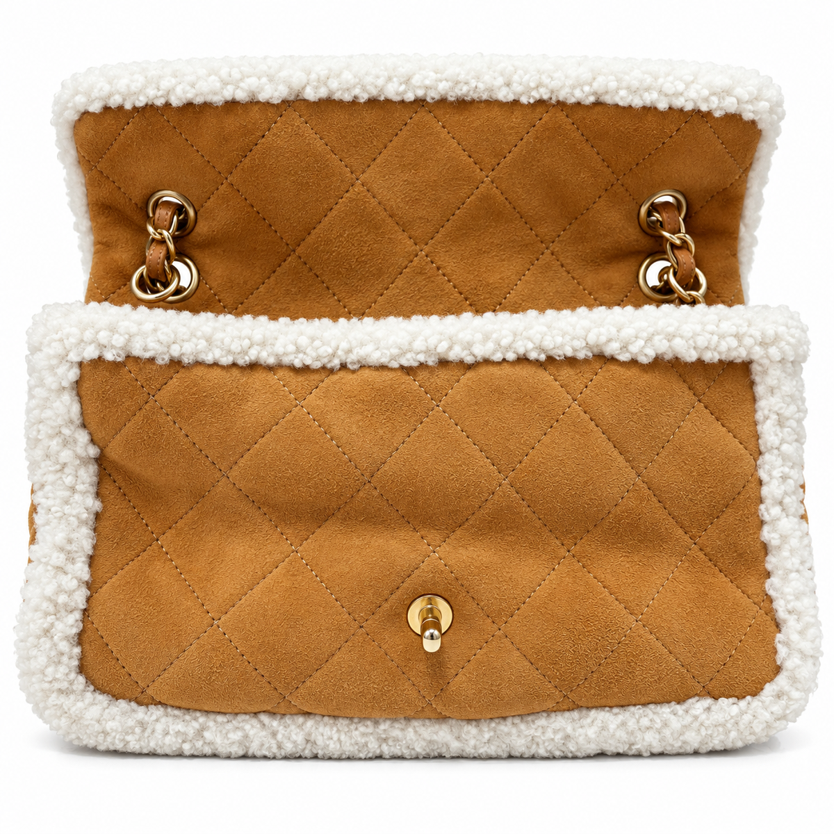Chanel Jumbo suede shearling quilted Coco Neige flap shoulder bag with gold-tone hardware and quilted design.