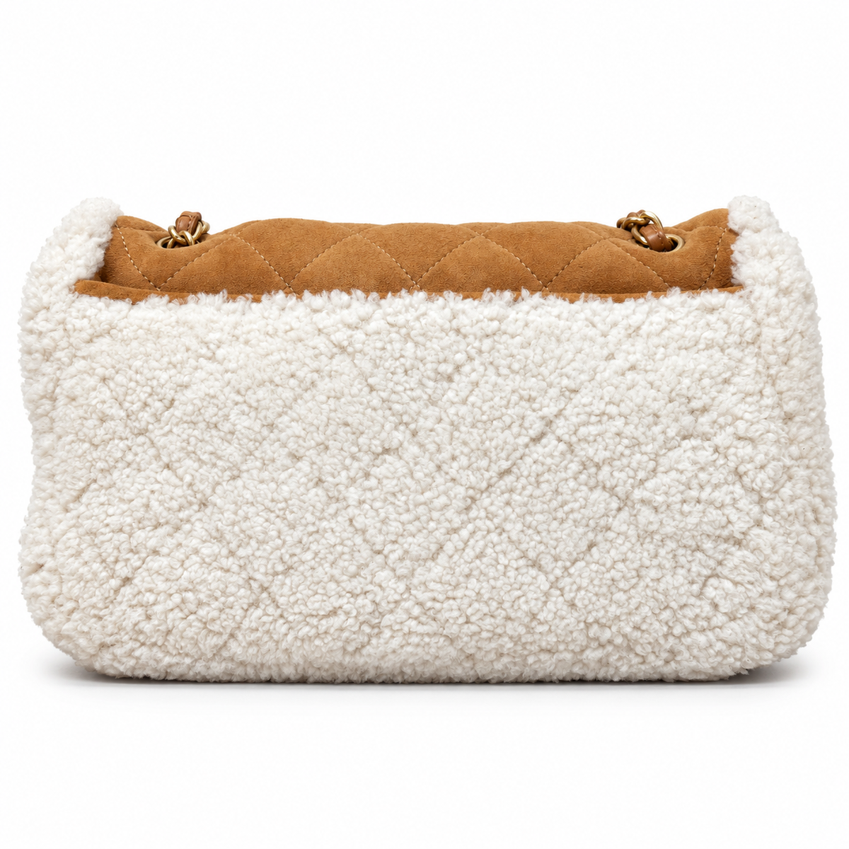 Chanel Jumbo suede shearling quilted Coco Neige flap shoulder bag with quilted design and silver hardware.