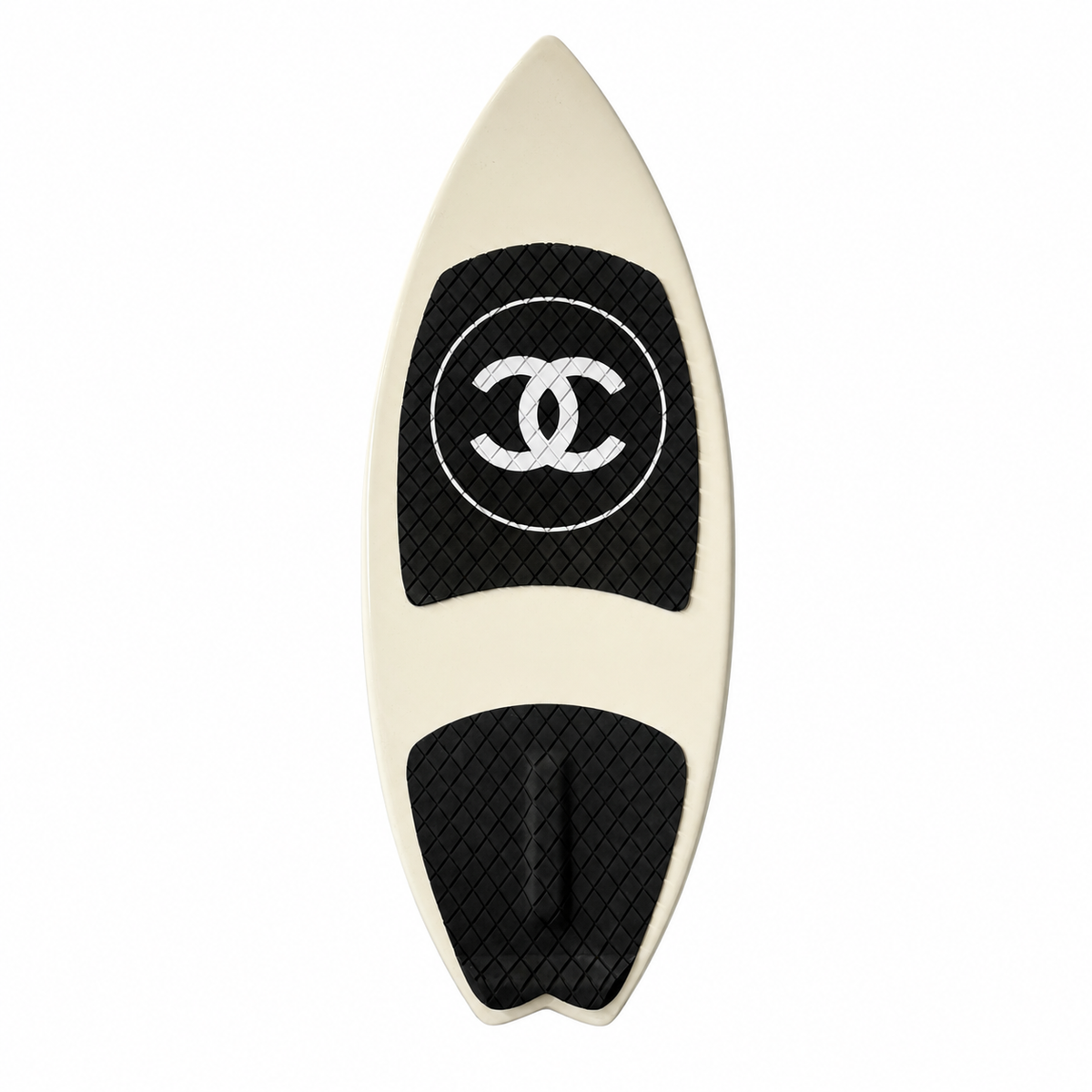 2019 Chanel white and black CC logo wakesurf board with pointed shape, black quilted traction pads, oversized interlocking CC logo, circular Chanel emblem, and collectible luxury board design.