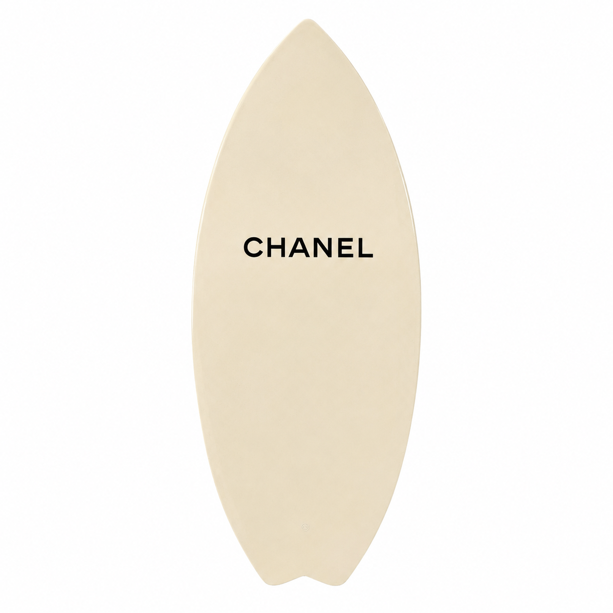 2019 Chanel white and black CC logo wakesurf board with pointed shape, black quilted traction pads, oversized interlocking CC logo, circular Chanel emblem, and collectible luxury board design.