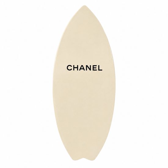 White Chanel wake board with sleek design, showcasing the Chanel logo and smooth surface, ideal for water sports enthusiasts.