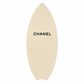 2019 Chanel white and black CC logo wakesurf board with pointed shape, black quilted traction pads, oversized interlocking CC logo, circular Chanel emblem, and collectible luxury board design.