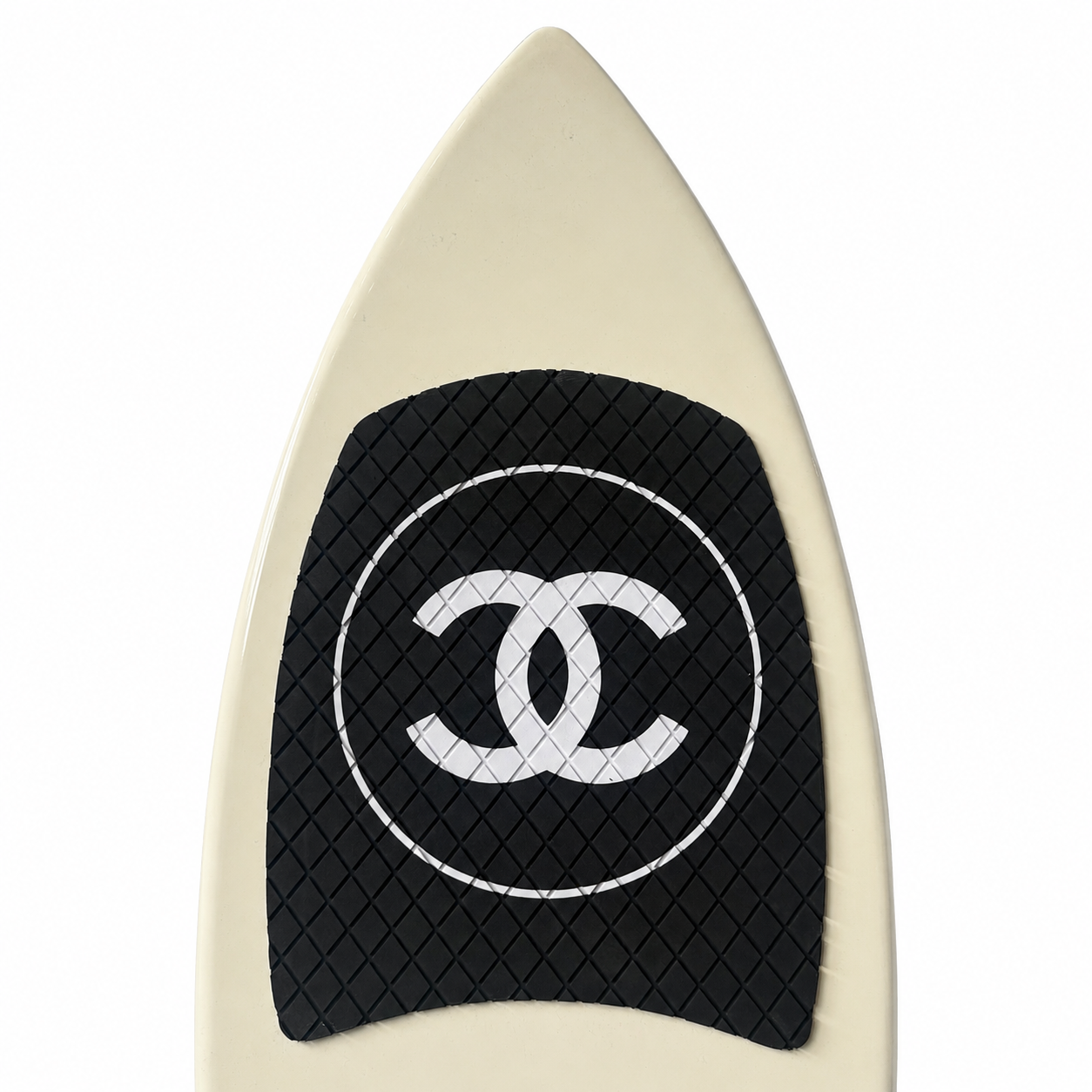 2019 Chanel white and black CC logo wakesurf board with pointed shape, black quilted traction pads, oversized interlocking CC logo, circular Chanel emblem, and collectible luxury board design.