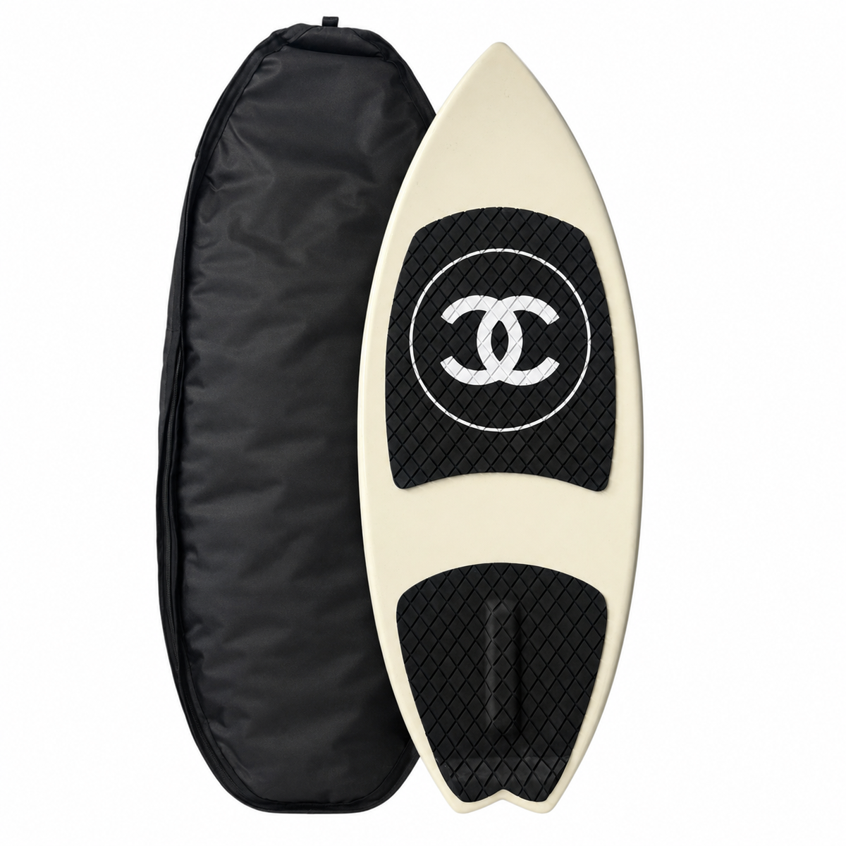 2019 Chanel white and black CC logo wakesurf board with pointed shape, black quilted traction pads, oversized interlocking CC logo, circular Chanel emblem, and collectible luxury board design.