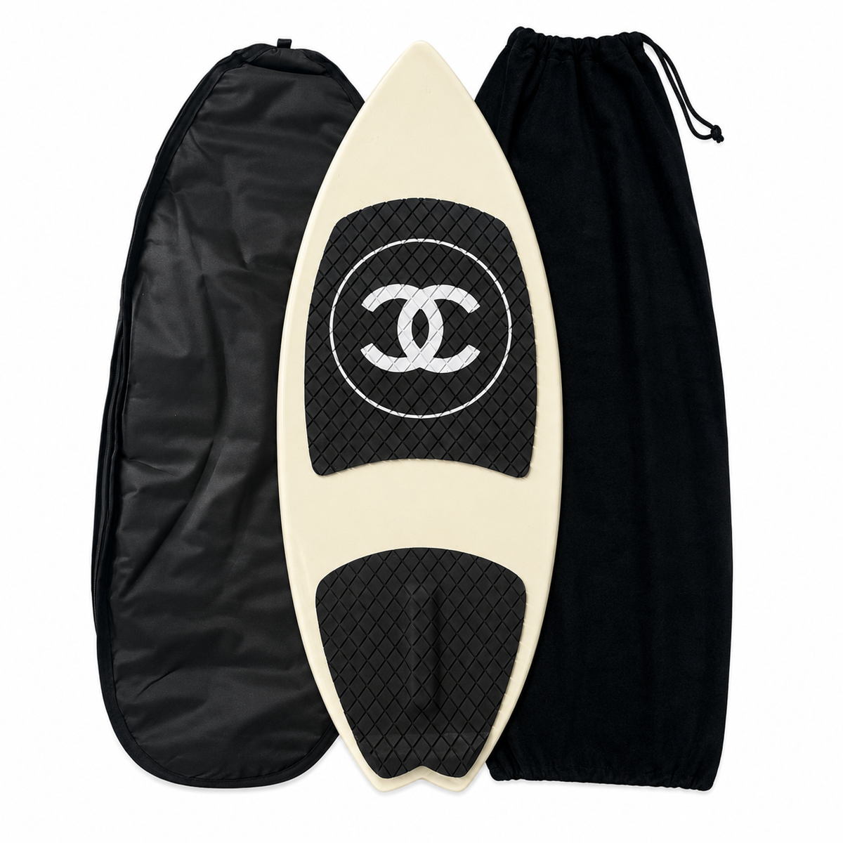 2019 Chanel white and black CC logo wakesurf board with pointed shape, black quilted traction pads, oversized interlocking CC logo, circular Chanel emblem, and collectible luxury board design.
