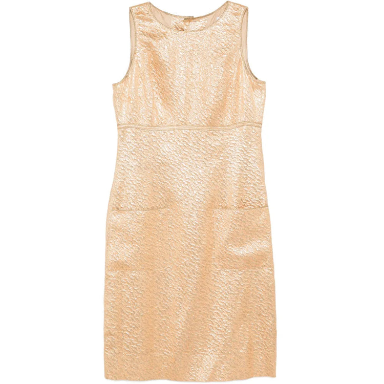 Chanel 1996 sleeveless gold brocade shift dress showing intricate fabric pattern and elegant silhouette.
