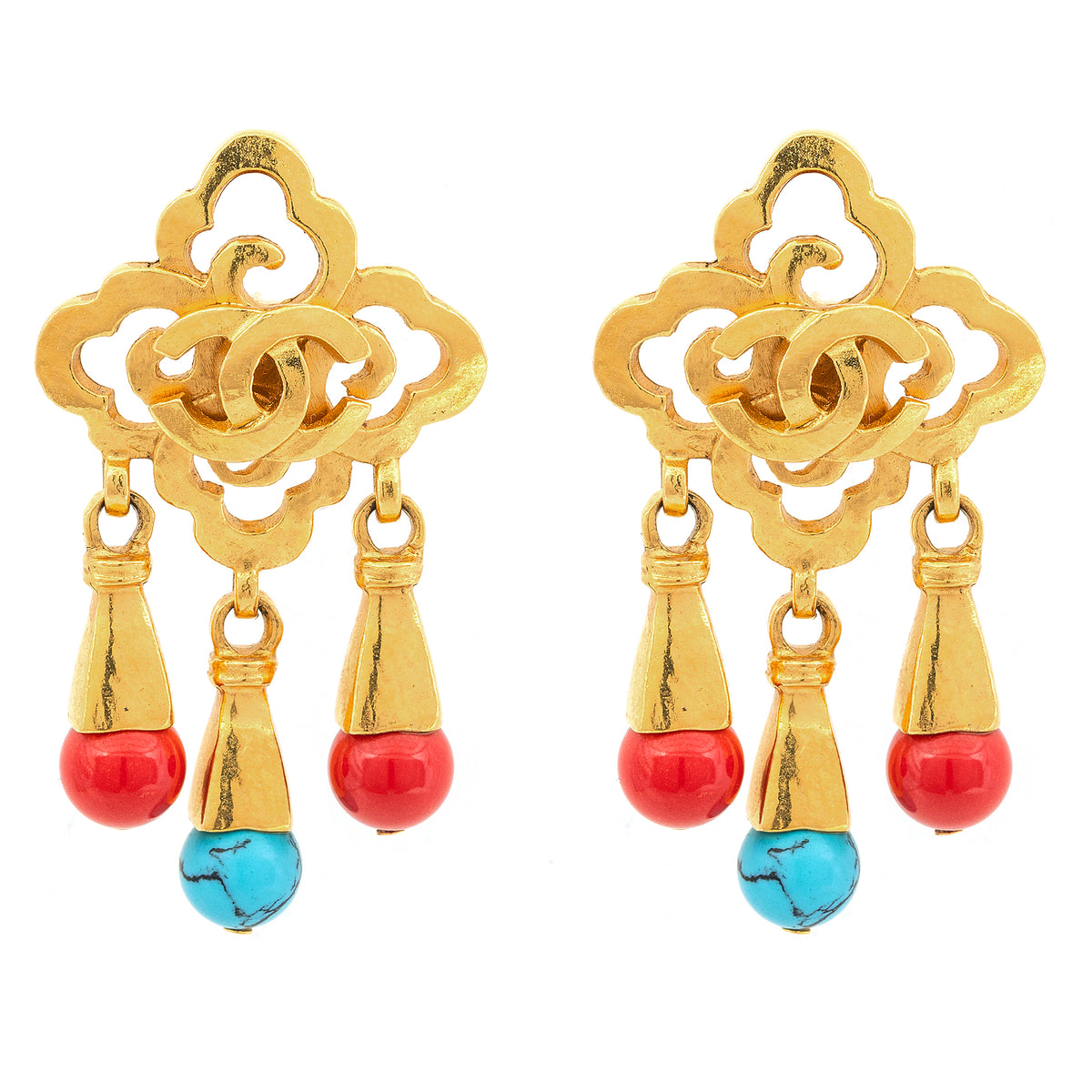 Chanel vintage fringe clip-on earrings with gold-tone metal and dangling fringe design, stylish and elegant accessory.