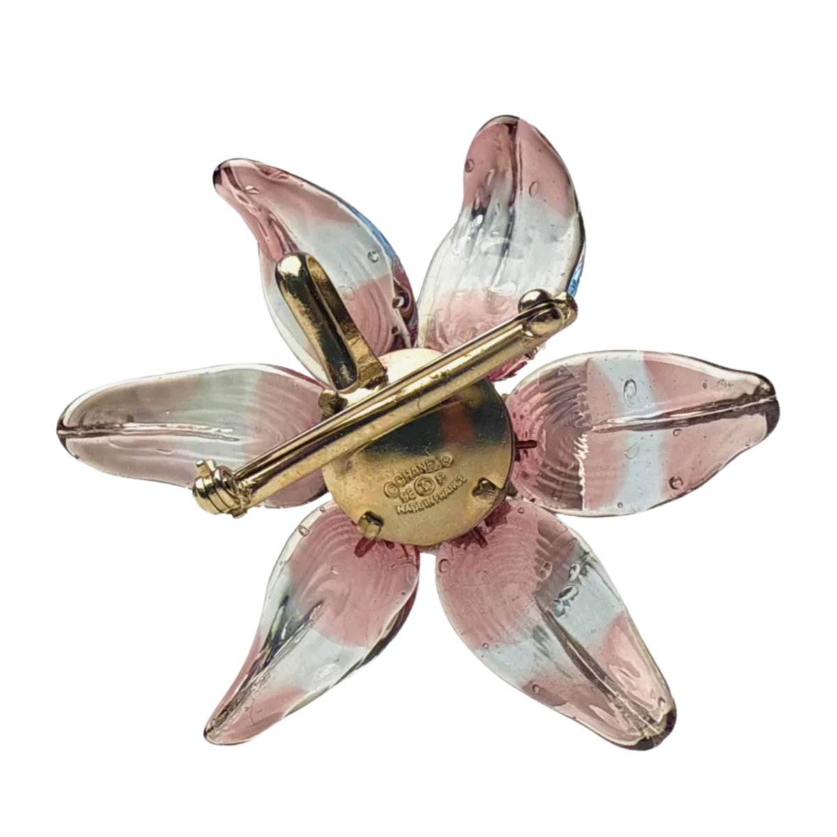 Chanel 1998 Gripoix glass flower brooch with colorful petals and intricate design, vintage jewelry accessory.