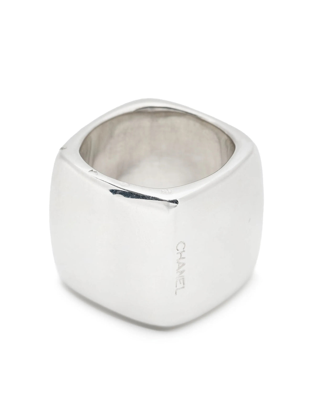 Sterling silver square ring by Chanel featuring a sleek, modern design with clean lines and a polished finish.