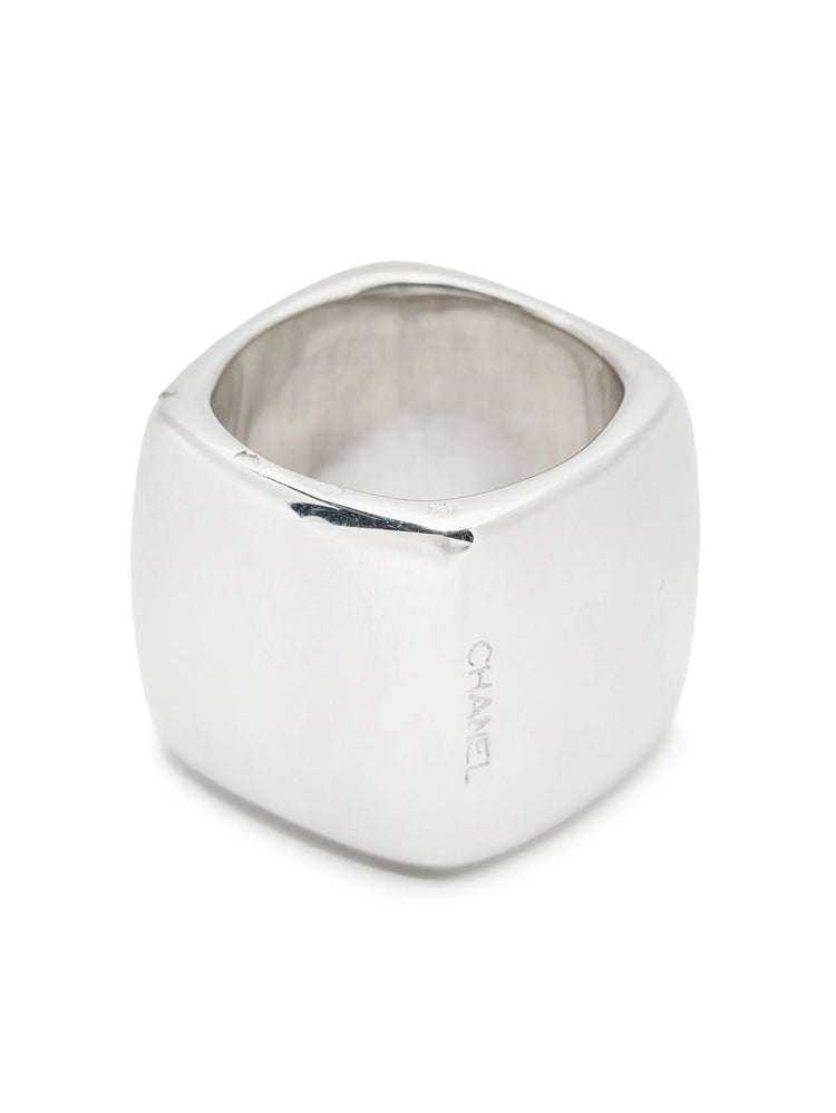 Sterling silver square ring by Chanel featuring a sleek, modern design with clean lines and a polished finish.