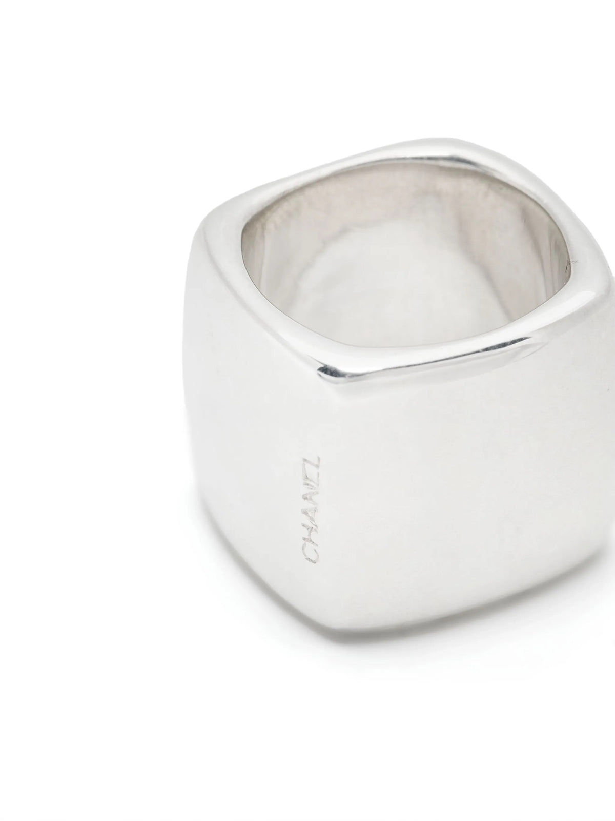 Sterling silver square ring by Chanel featuring a sleek, modern design with a polished finish.