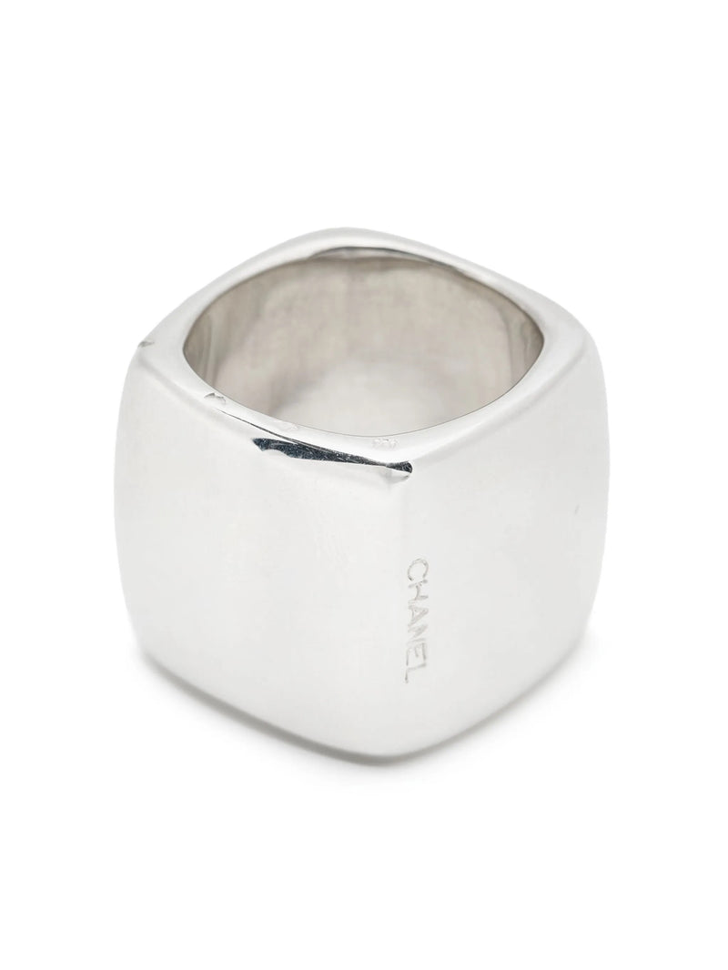 Sterling silver square ring by Chanel featuring a sleek, modern design with clean lines and a polished finish.