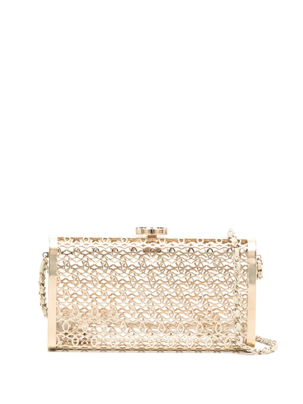 Chanel 2015 CC Moucharabieh minaudiere clutch with intricate geometric design and elegant gold-tone hardware.