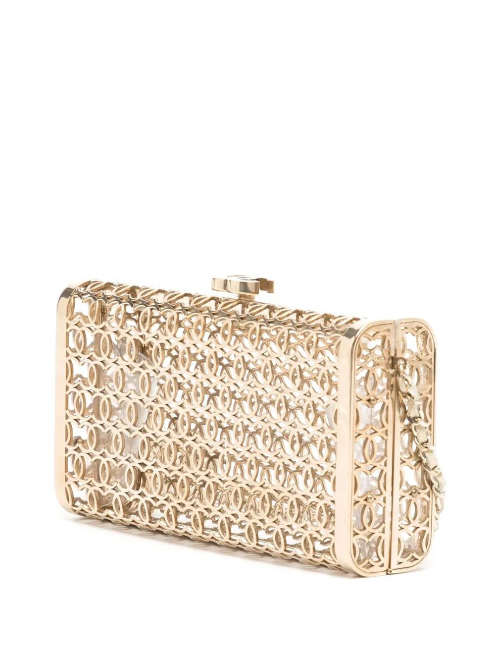 Chanel 2015 CC Moucharabieh minaudière clutch with intricate pattern and elegant design, perfect for evening occasions.