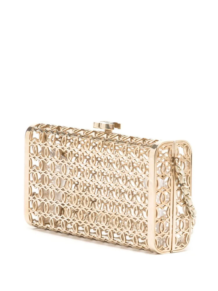 Chanel 2015 CC Moucharabieh minaudière clutch with intricate pattern and elegant design, perfect for evening occasions.