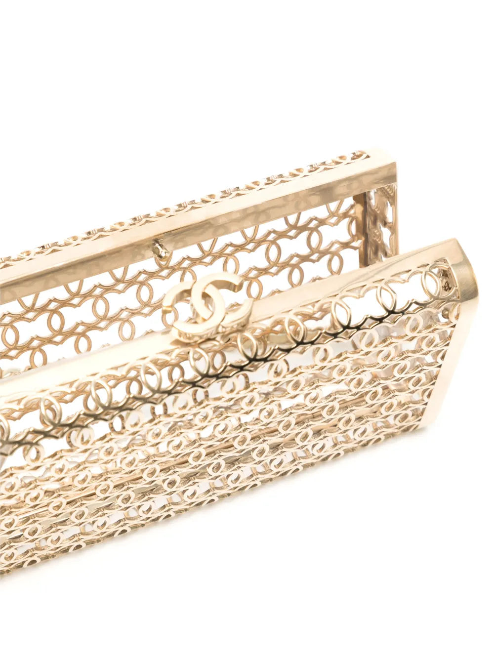 Chanel 2015 CC Moucharabieh minaudière clutch with intricate design, gold-tone hardware, and black leather accents.