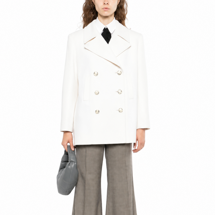 Chanel 2017 ecru wool and cashmere peacoat, stylish blazer jacket with classic double-breasted design and textured fabric.
