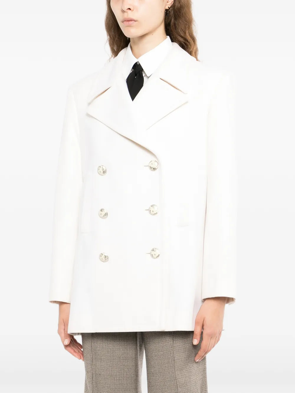 Chanel 2017 ecru wool and cashmere peacoat with double-breasted design, classic collar, and textured fabric for a sophisticated look.