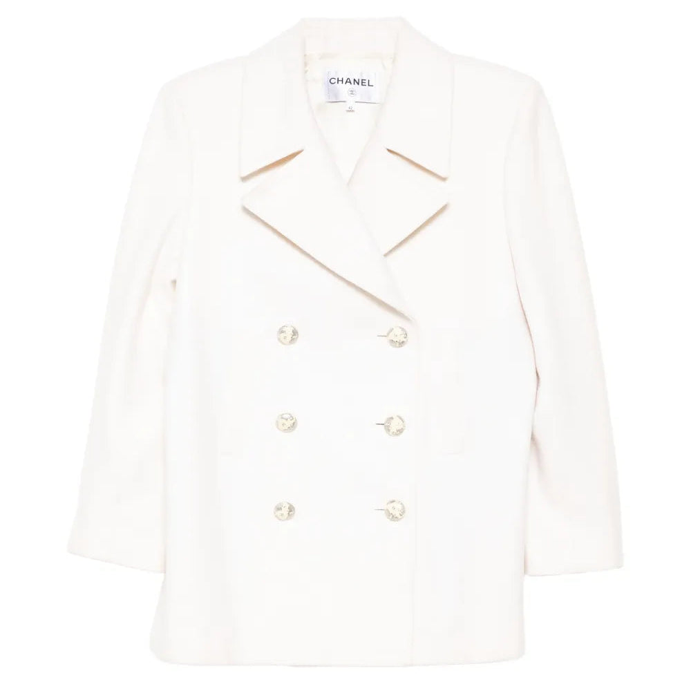 Chanel 2017 ecru wool and cashmere peacoat, classic blazer style with double-breasted front and tailored fit.