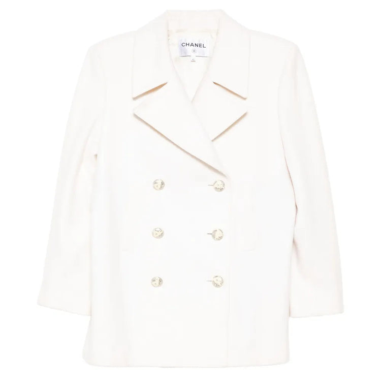 Chanel 2017 ecru wool and cashmere peacoat, classic blazer style with double-breasted front and tailored fit.