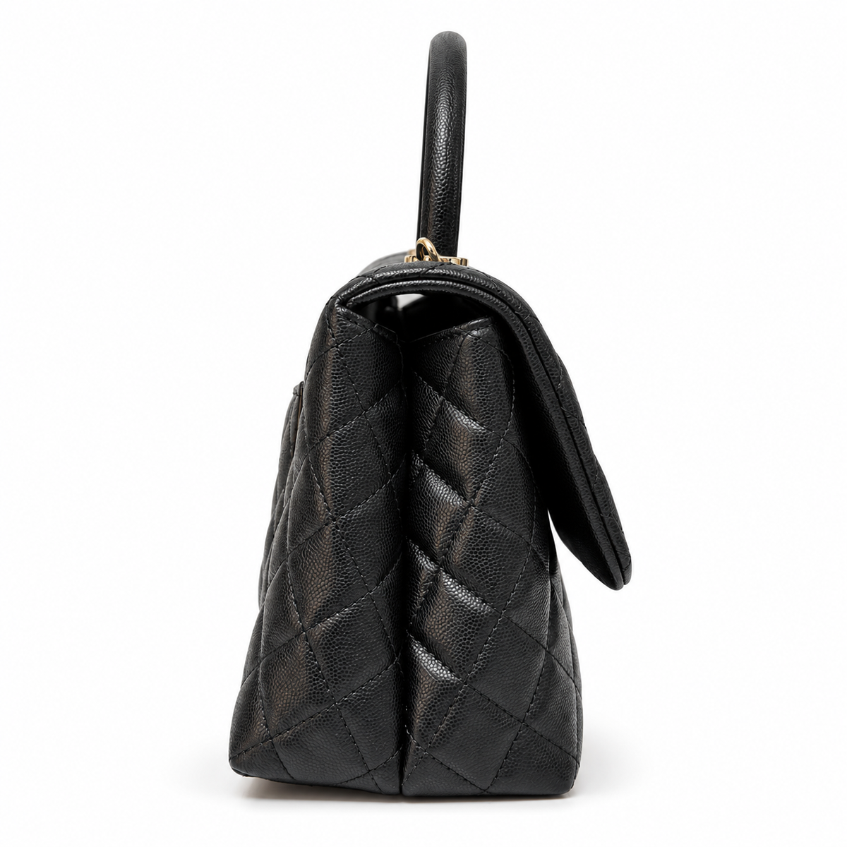 Chanel 2021 Medium Coco Handle Flap Bag in black quilted caviar leather with gold-tone CC hardware, top handle and detachable chain strap.