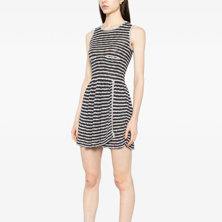 Chanel multicolour sleeveless striped dress with bold horizontal stripes and a fitted silhouette, perfect for stylish summer wear.