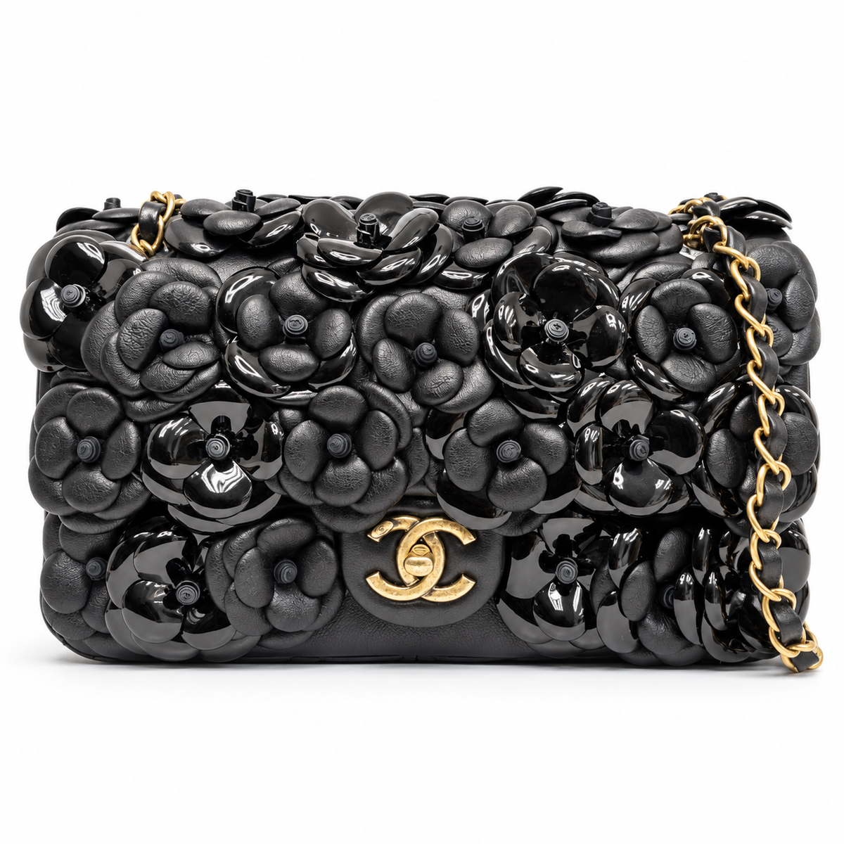 Chanel 2014–2015 black lambskin and patent leather 3D Camellia Flower Medium Flap Bag with gold-tone CC hardware and chain strap.