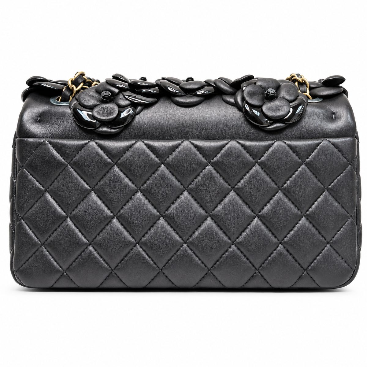 Chanel 2014–2015 black lambskin and patent leather 3D Camellia Flower Medium Flap Bag with gold-tone CC hardware and chain strap.