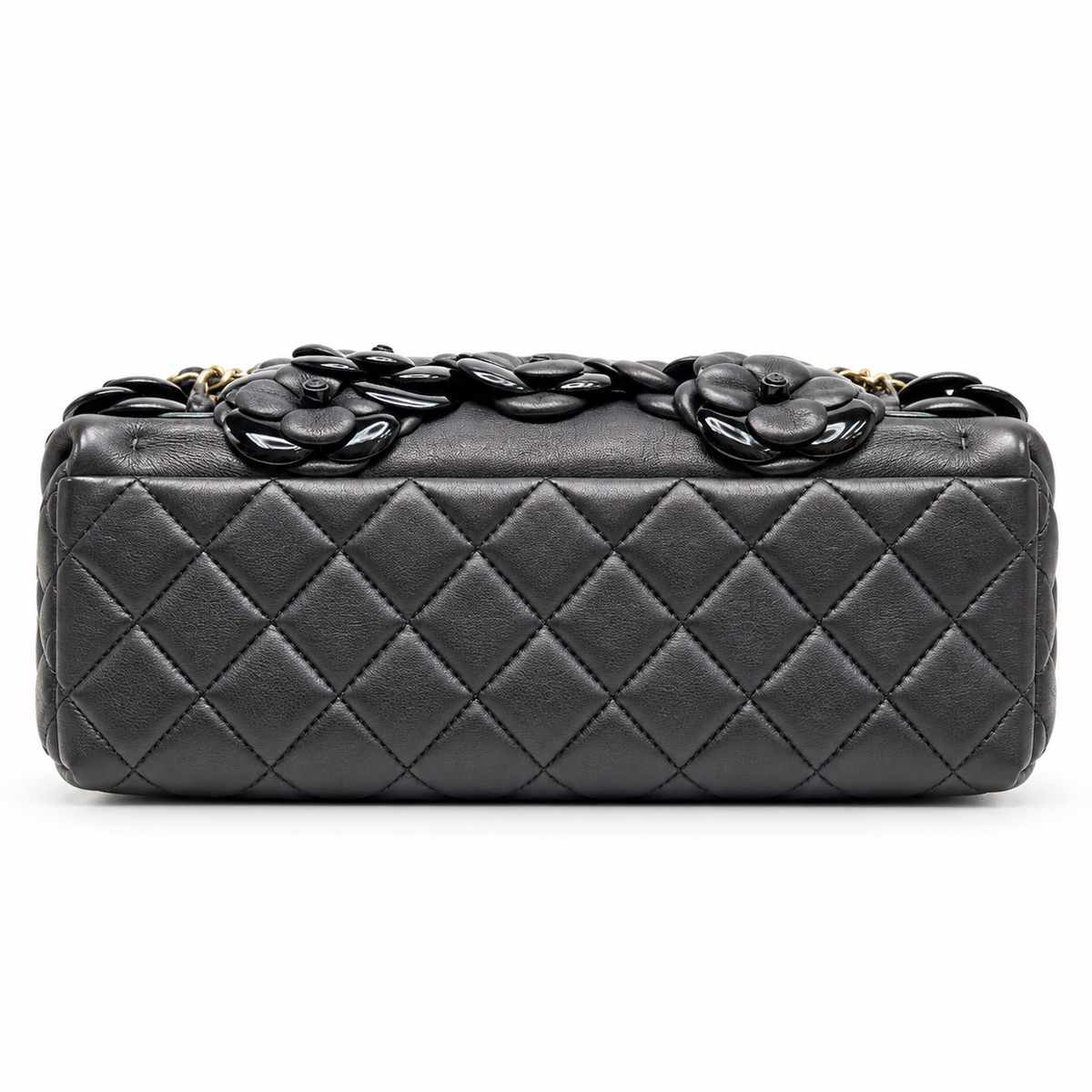 Chanel 2014–2015 black lambskin and patent leather 3D Camellia Flower Medium Flap Bag with gold-tone CC hardware and chain strap.
